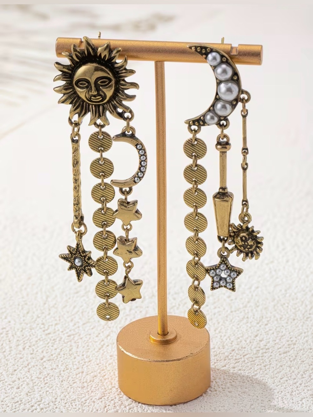 Retro Sun & Moon Gold-Tone Drop Earrings